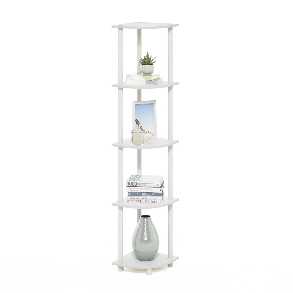 Furinno TURN-N-TUBE Corner Shelf, 5-Tier Corner Bookshelf, Open Storage Shelves, for Organization and Storage, Living Room, Home Office, Garage, Bedroom, Amber Pine