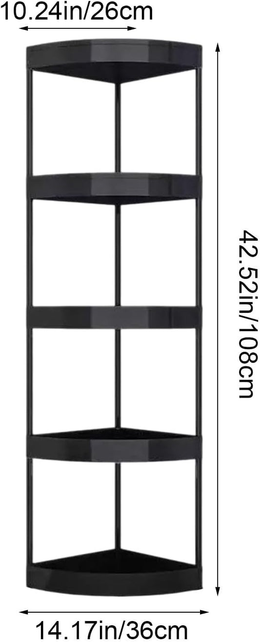 5-Tier Corner Storage Rack,Floor Standing Bathroom Organizer Shelf,Toilet Tripod Shelving Unit,Plastic Storage Rack for Kitchen,Living Room,and Bathroom,Sturdy Construction,Moisture-Resistant (BLACK)