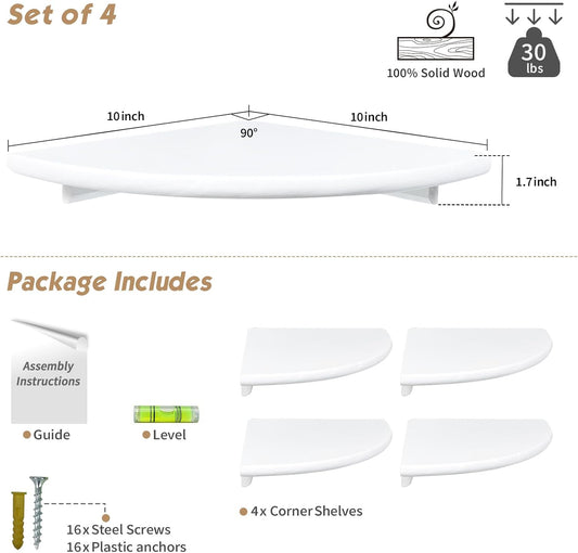 Forbena White Corner Floating Shelves for Wall Set of 4, Rounded Corner Shelves Wall Mounted for Kids Bedroom Books, Cute Wood Hanging Corner Shelf for Bathroom Decor, Living Room, Small Spaces