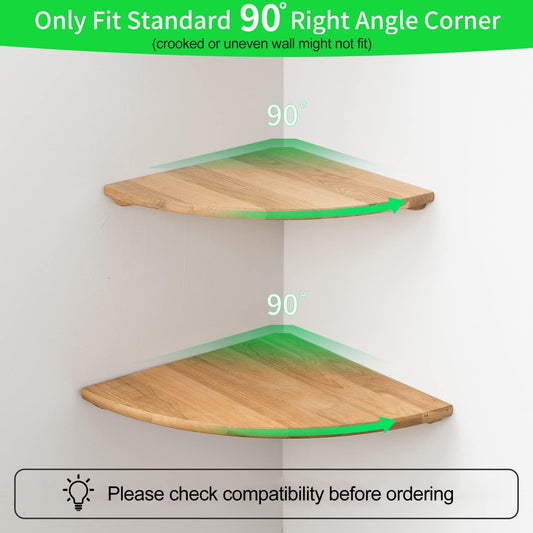 Corner Shelves, Floating Corner Shelf, Set of 2 7inch Solid Oak Wood Wall Shelves, Round End Wall Mount with Wire Hole Shelving for Small Plant for Bedroom Kitchen, Living Room