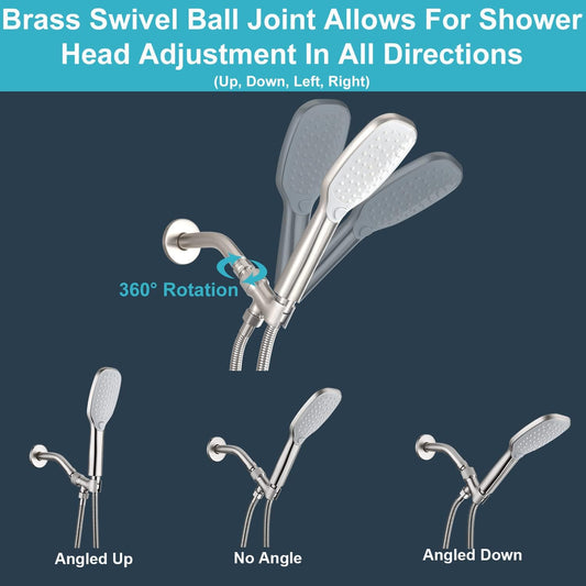 Shower Head Holder All Metal Adjustable Handheld Shower Arm Mount, 1/2" Shower Hose Holder Fits Most Hand Showerheads, Brass Hand Held Shower Head Holder , Easy to Install(Brushed Nickel)