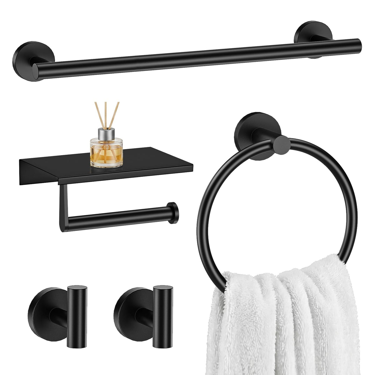 Brushed Nickel 5-Piece Bathroom Hardware Set, 23.6 Inch Towel Bar Set SUS304 Stainless Steel Towel Racks Round Towel Bar, Towel Ring, Toilet Paper Holder, 2 Robe Hooks, Wall Mounted