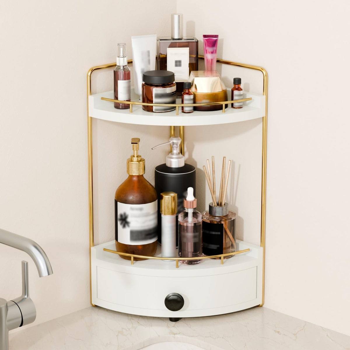 2-Tier Corner Bathroom Counter Organizer with Drawer, Dark Brown