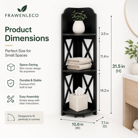 Corner Shelf Stand, Storage Organizer Great for Small Tiny Spaces, Space-Saving Floor Shelf Unit for Bathroom, Living Room, Kitchen, Laundry, Waterproof Stand for Toilet Paper, Black