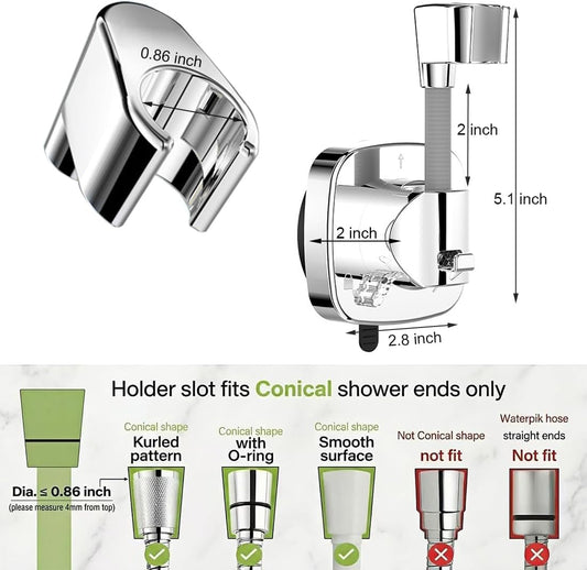 Shower Head Holder with Suction, 360° Swivel | Adjustable No Drill, Silver