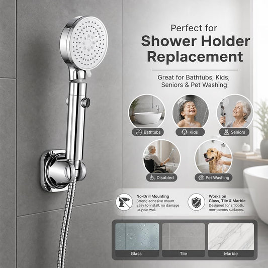 Handheld Shower Head Holder - 5 Angles Adjustable - Concealed Adhesive Mount with Screw Option - Wall Mount Shower Wand Holder