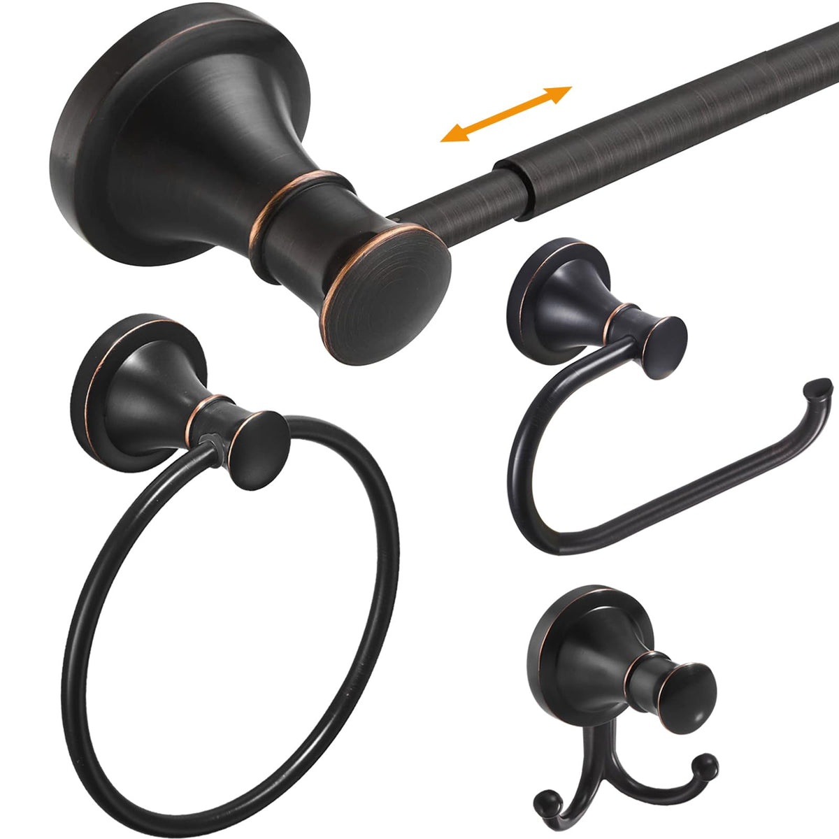 Hoimpro Oil Rubbed Bronze Bathroom Accessory Set, 4-Piece Wall Mount Hardware with Adjustable Towel Bar Rack, Towel Ring, Paper Towel Holder, Double Towel Hooks