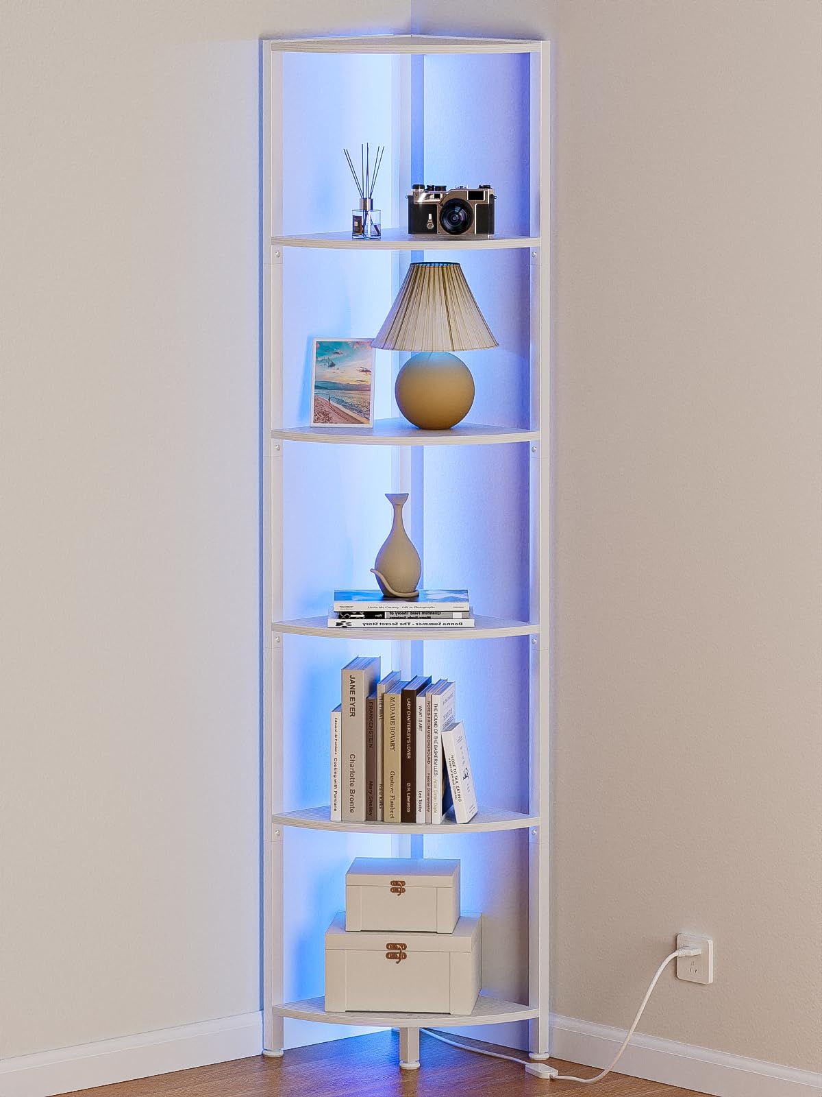 Furnulem 6 Tier Corner Shelf with LED Light, 67.5" Black Narrow Bookshelf