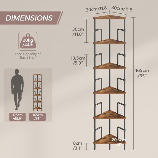MAHANCRIS 6-Tier Corner Shelf, 65" Tall Corner Bookshelf with Metal Frame, Narrow Display Shelf Stand, Industrial Corner Bookcase for Living Room, Bedroom, Home Office, Rustic Brown CSHR6601