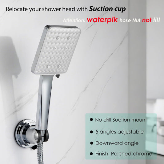 Handheld Shower Head Holder with Enhanced Suction Cup - Relocatable - 4 Angles Adjustable - 90° Downward - Bathroom Wall Mount Shower Wand Holder (Polished Chrome)