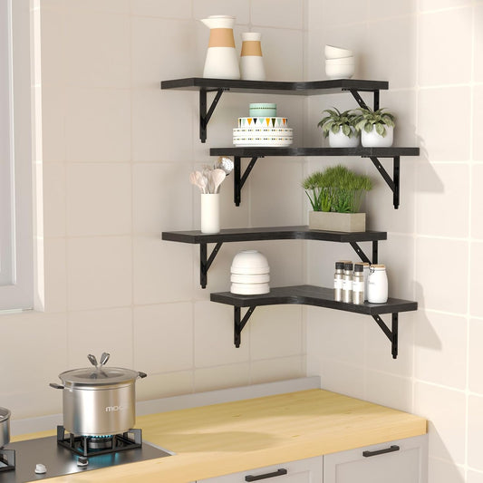 ROMGUAR CRAFT Corner Floating Shelves Wall Mounted Set of 4, Black