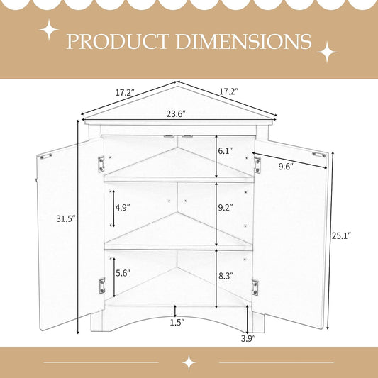 Corner Storage Cabinet with Adjustable Shelves, Triangle Bathroom & Kitchen Organizer, Freestanding Floor Cabinet for Toilet Kitchen Bathroom Cleaning Supplies (Oak)