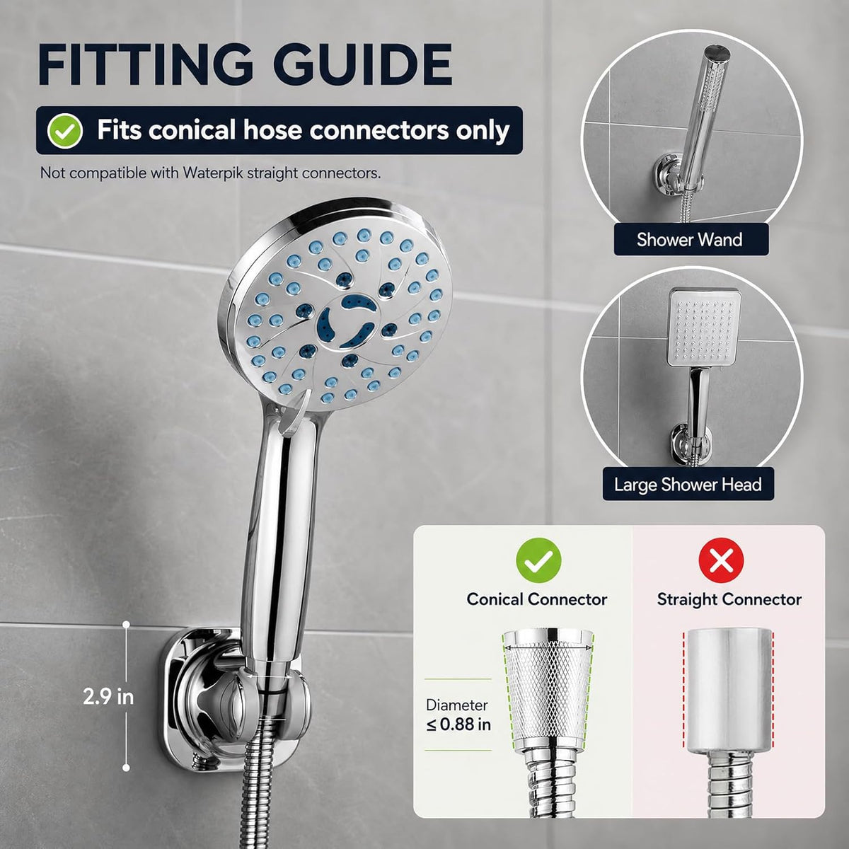 Handheld Shower Head Holder - 5 Angles Adjustable - Concealed Adhesive Mount with Screw Option - Wall Mount Shower Wand Holder
