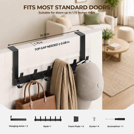 Optish Over The Door Hooks, Door Hanger Hooks for Hanging, Towel Racks for Bathroom with 12 Coat Hook, Coat Rack College Dorm Essentials Bathroom Accessories(1 Pack, Black)