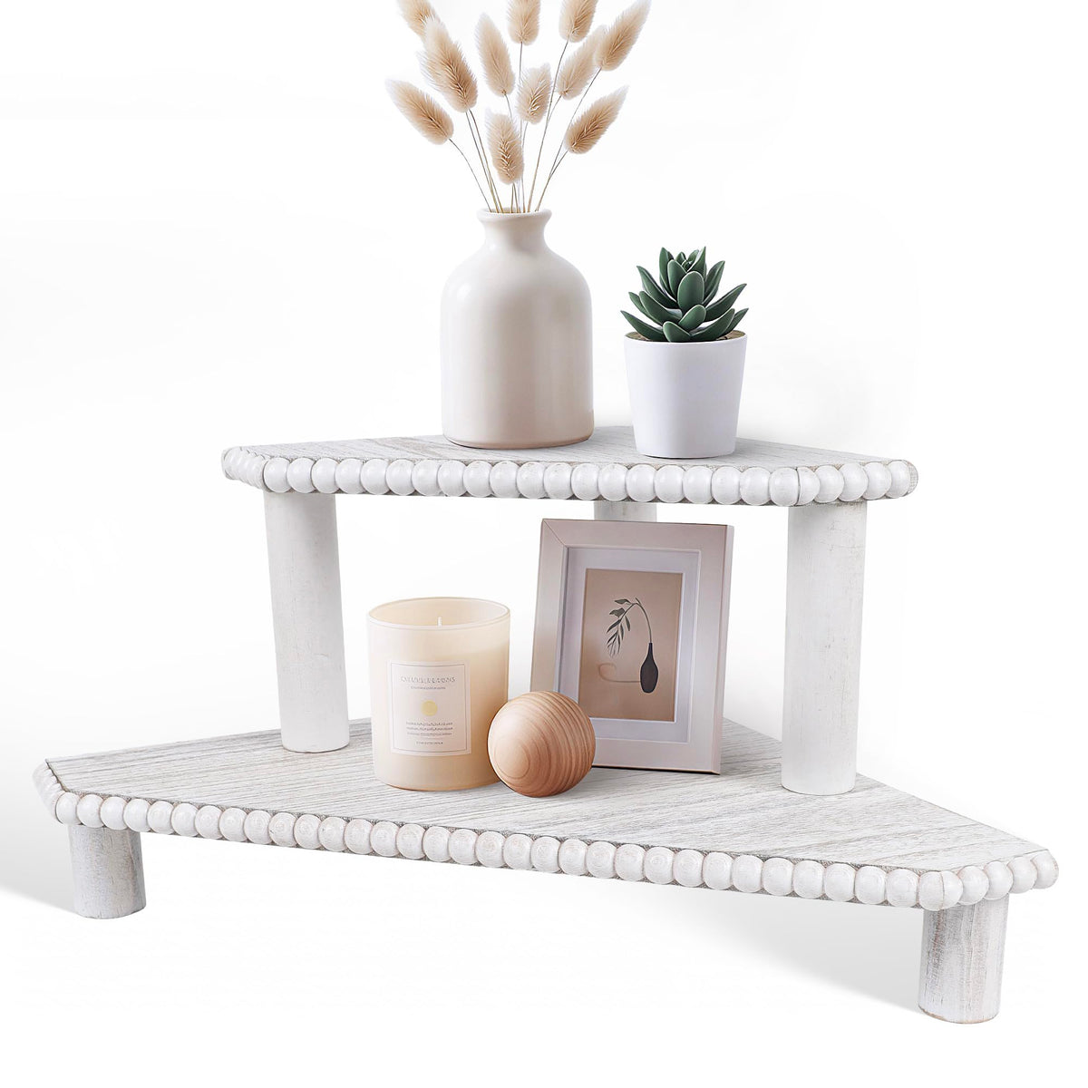 2-Tier Rustic Corner Shelf for Kitchen Counter,Wood Beaded Farmhouse Countertop Organizer with Removable Feet, Stackable Bathroom Vanity & Coffee Bar Decorative Riser Stand(Rustic White)