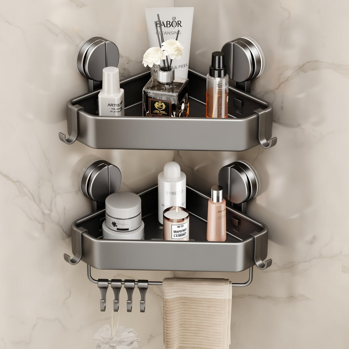 Mustorn Suction Cup Shower Caddy Corner, 2 Pack Suction Corner Shower Shelves No Drilling, Rustproof Shower Organizer Suction Cup with Towel Holder & Hooks Removable Bathroom Storage Rack(Gray)
