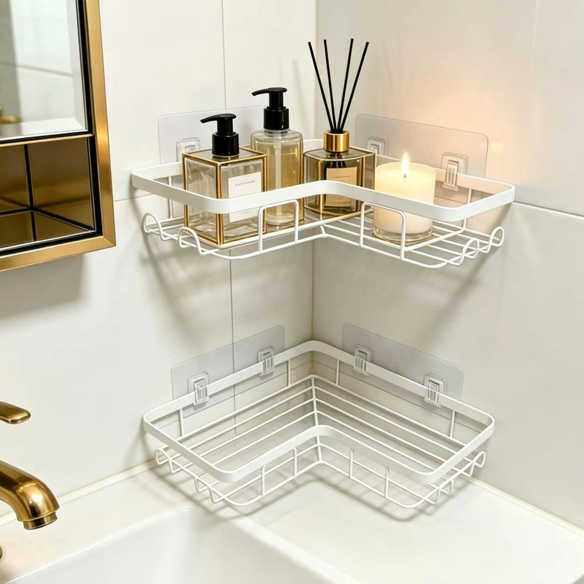 Shower Caddy 2 Pack, No Drilling Adhesive Bathroom Organizer Shelf Rack, Corner Shower Shelf with Hooks for Home Decor & Storage