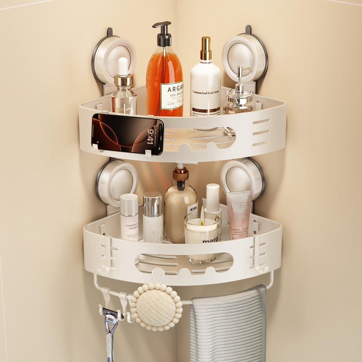 Voldra Corner Shower Caddy Suction Cup, Aluminum Corner Shower Shelves for Wall No Drilling, Large Suction Cup Shower Organizer with Towel Bar & Hooks Removable Bathroom Storage Rack(1 Pack-Gray)