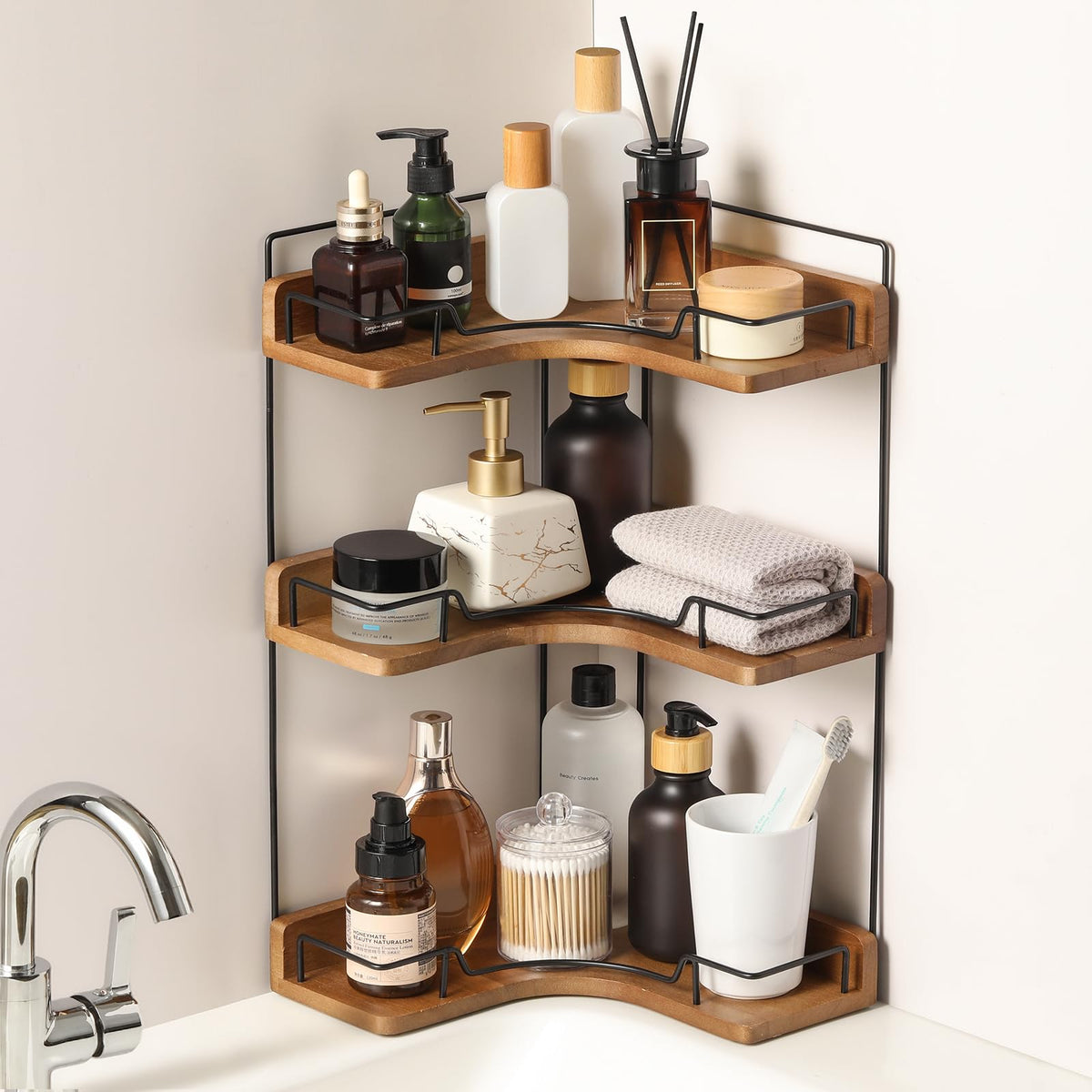 2-Tier Bathroom Counter Organizer, Wooden Corner Shelf for Vanity Countertop Skincare & Makeup, Storage and Organization for Kitchen