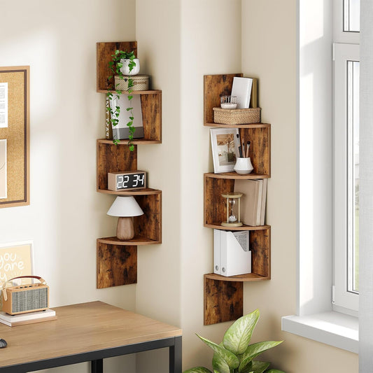HOOBRO Corner Shelf Wall-Mounted, Set of 2 Floating Corner Shelves for Wall, 4-Tier Corner Bookshelves Floating Shelf for Wall Corner Shelves for Living Room Bedroom Bathroom Home Office Rustic Brown