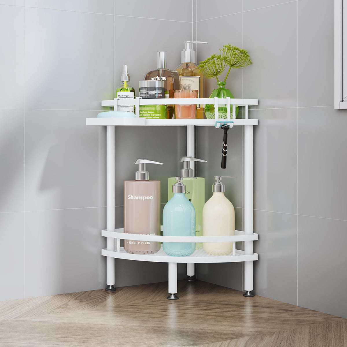 HapiRm Standing Corner Shower Caddy - 3 Tier Shower Organizer Corner with Soap Holder and 4 Hooks, Rustproof Bathroom Storage Shelves with Adhesives, Black