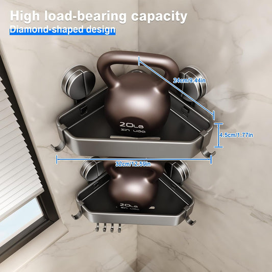Mustorn Suction Cup Shower Caddy Corner, 2 Pack Suction Corner Shower Shelves No Drilling, Rustproof Shower Organizer Suction Cup with Towel Holder & Hooks Removable Bathroom Storage Rack(Gray)