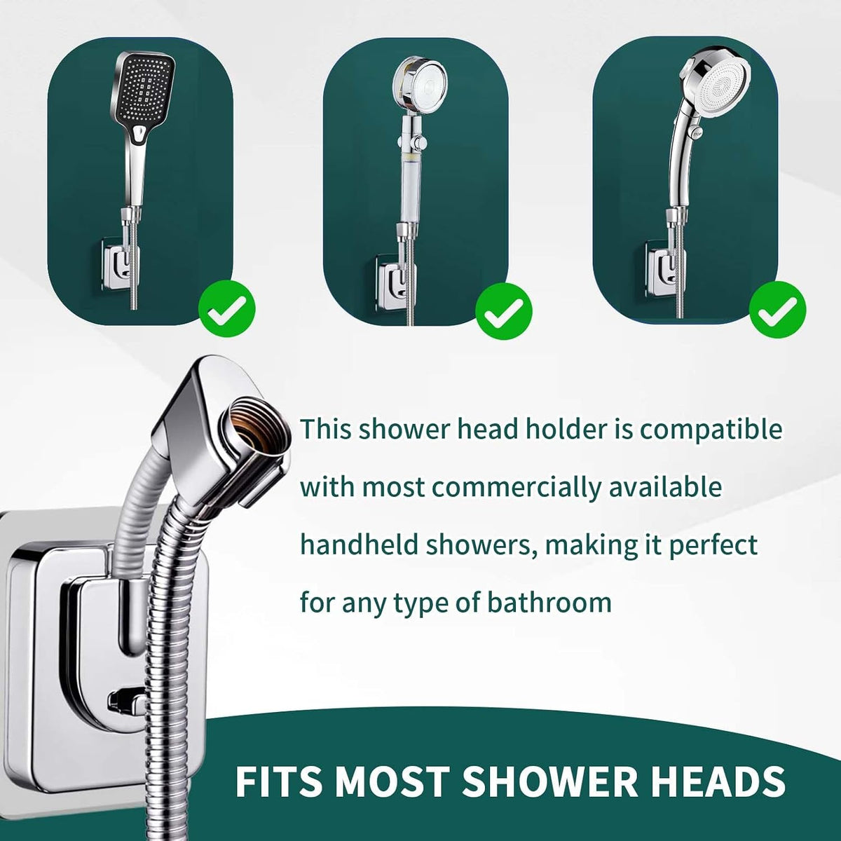Shower Head Holder Wall Mount, 360° Adjustable Handheld, No-Drill Strong Adhesive Wand Bracket, Waterproof, Fits Handles up to 0.83 in (2.1 cm), Bathroom Accessories, Chrome Finish
