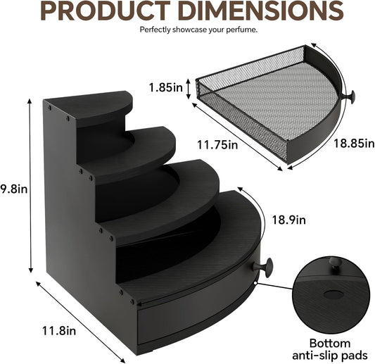 Corner Perfume Organizer with Drawer, 4 Tier Wooden Cologne Organizer for Men, Perfume Stand Display Shelf Holder for Bathroom Counter, Vanity, Dresser, Fragrance & Skincare Rack