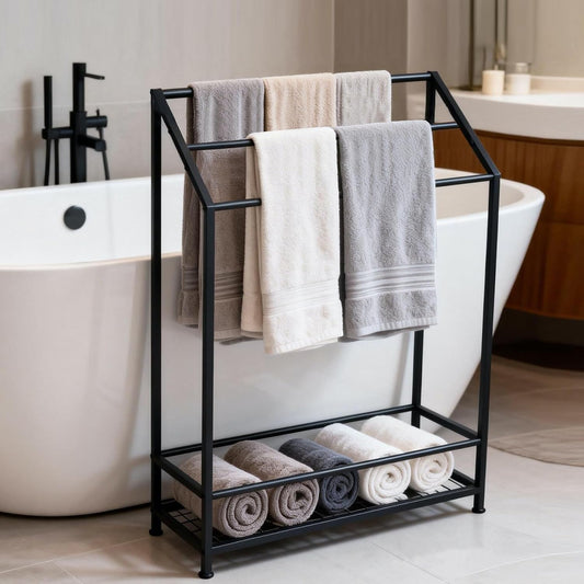 Hjarta Free Standing Towel Rack, 26 Inch Wide 3-Bar Stand with Shelf