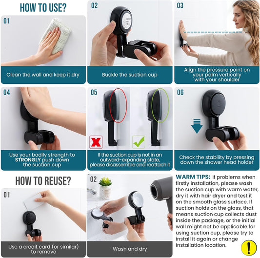 TAILI Shower Head Holder Suction,Adjustable Height & Angle,Universal,Black