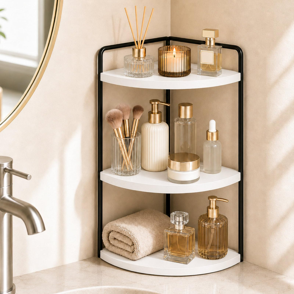 3-Tier Corner Bathroom Counter Organizer, Solid Pine Vanity Shelf, Black