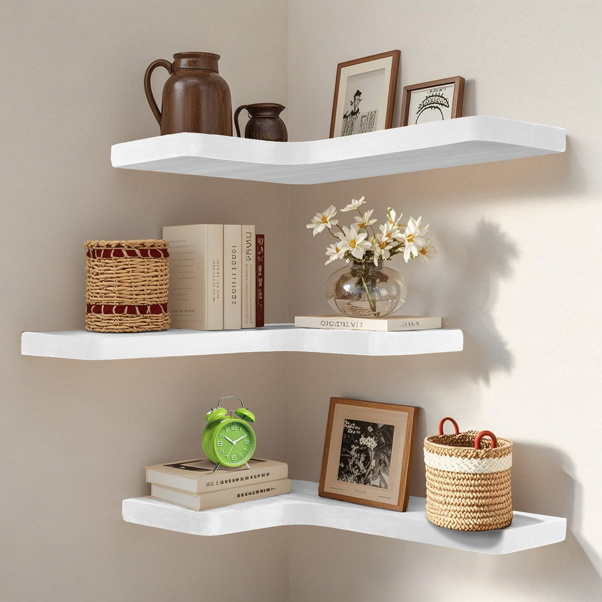 Floating Corner Shelves Set of 3, Solid Wood Picture Wall Shelf, Floating Shelves for Storage for Bedroom Kitchen Bathroom Living Room (Light Burnt)