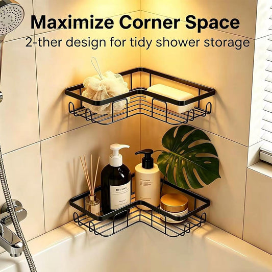 Shower Caddy 2 Pack, No Drilling Adhesive Bathroom Organizer Shelf Rack, Corner Shower Shelf with Hooks for Home Decor & Storage