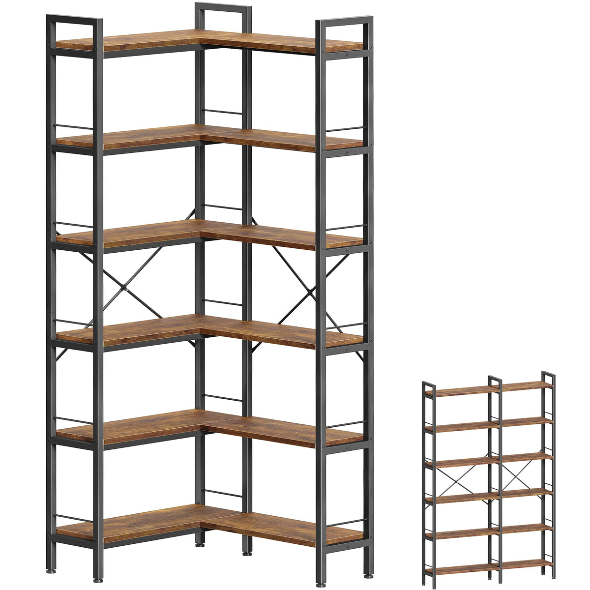 Huuger 5 Tier Bookshelf, L Shaped Corner Bookshelf with 10 Open Shelves, 49.4 Inch Straight Wide Bookcase with Metal Frame and Wooden Board, Adjustable Feet, Rustic Brown
