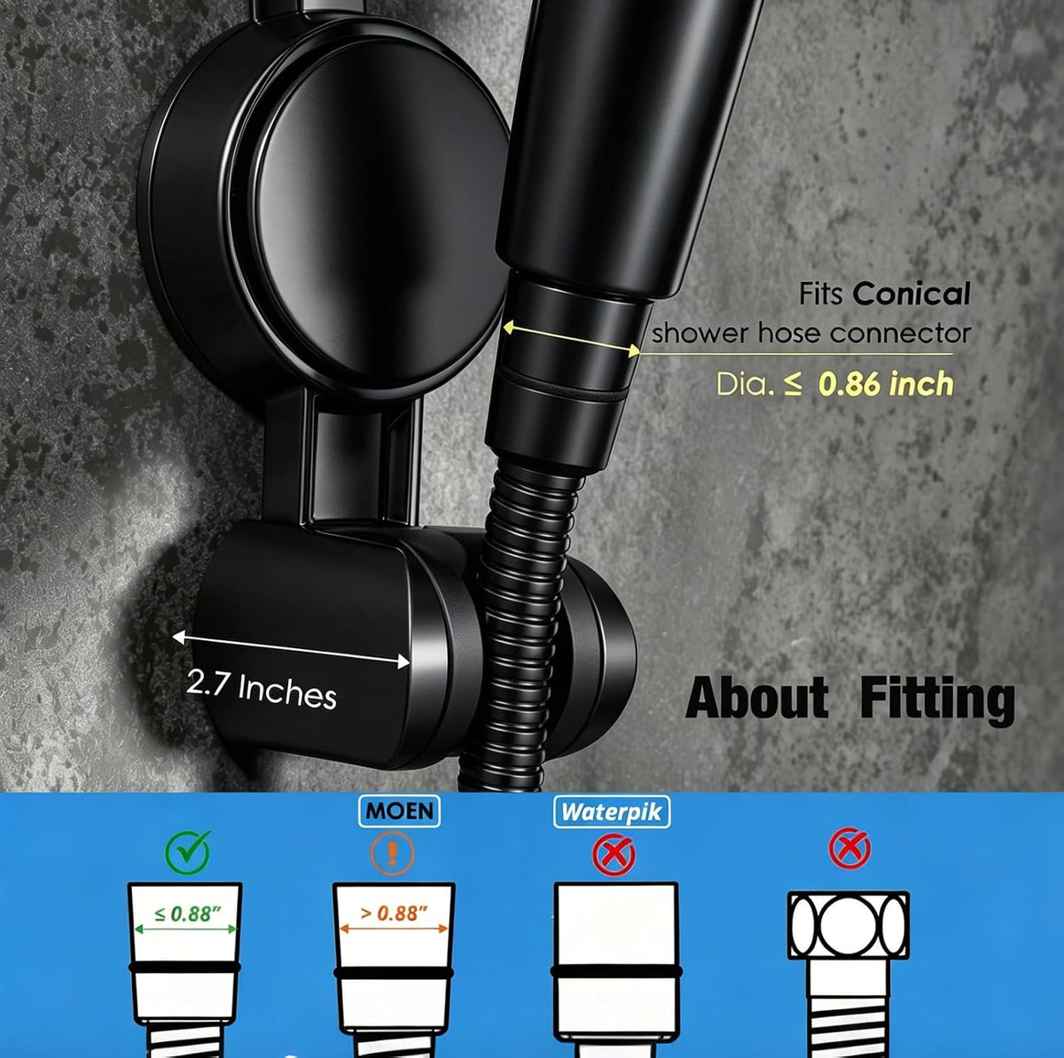 Handheld Shower Head Holder- Enhanced Suction Cup - 5 Angles Adjustable - Relocated Bathroom Wall Mount Shower Hose Holder (Matte Black)