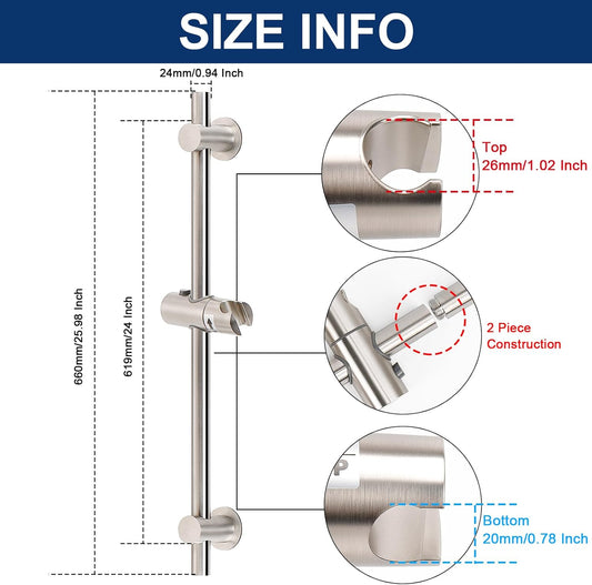 NearMoon Shower Slide Bar with Height/Angle Adjustable Handheld Shower Holder, Bathroom SUS 304 Stainless Steel Shower Head Holder for Bath (Adhesive, Brushed Nickel)