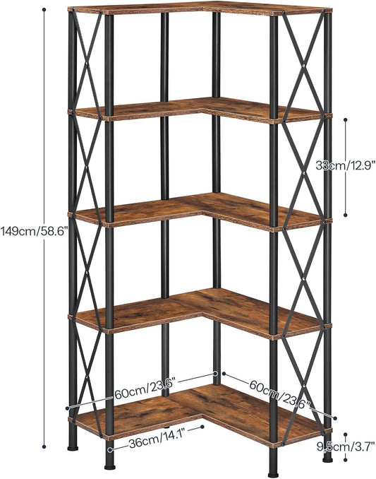 HOOBRO Corner Bookshelf, 5-Tier L-Shaped Bookcase, Industrial Open Display Shelf Tall Storage Organizer, Vertical Storage Rack, for Living Room, Home Office, Rustic Brown and Black BF60SJ01