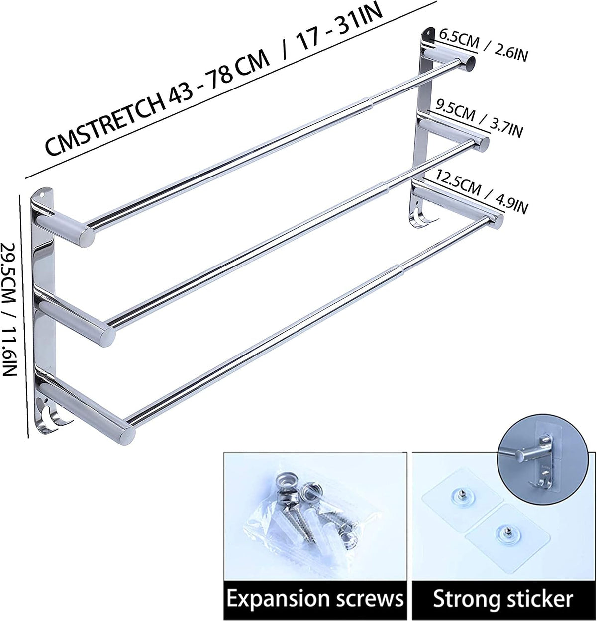 Towel Bars Hanger Freely Retractable 20-30 Inche Stainless Steel 304 Bath Rack Strong 3M Adhesive Bathroom Wall Free mounting Hole-Installing washroom Kitchen Space Saving 3 Bars