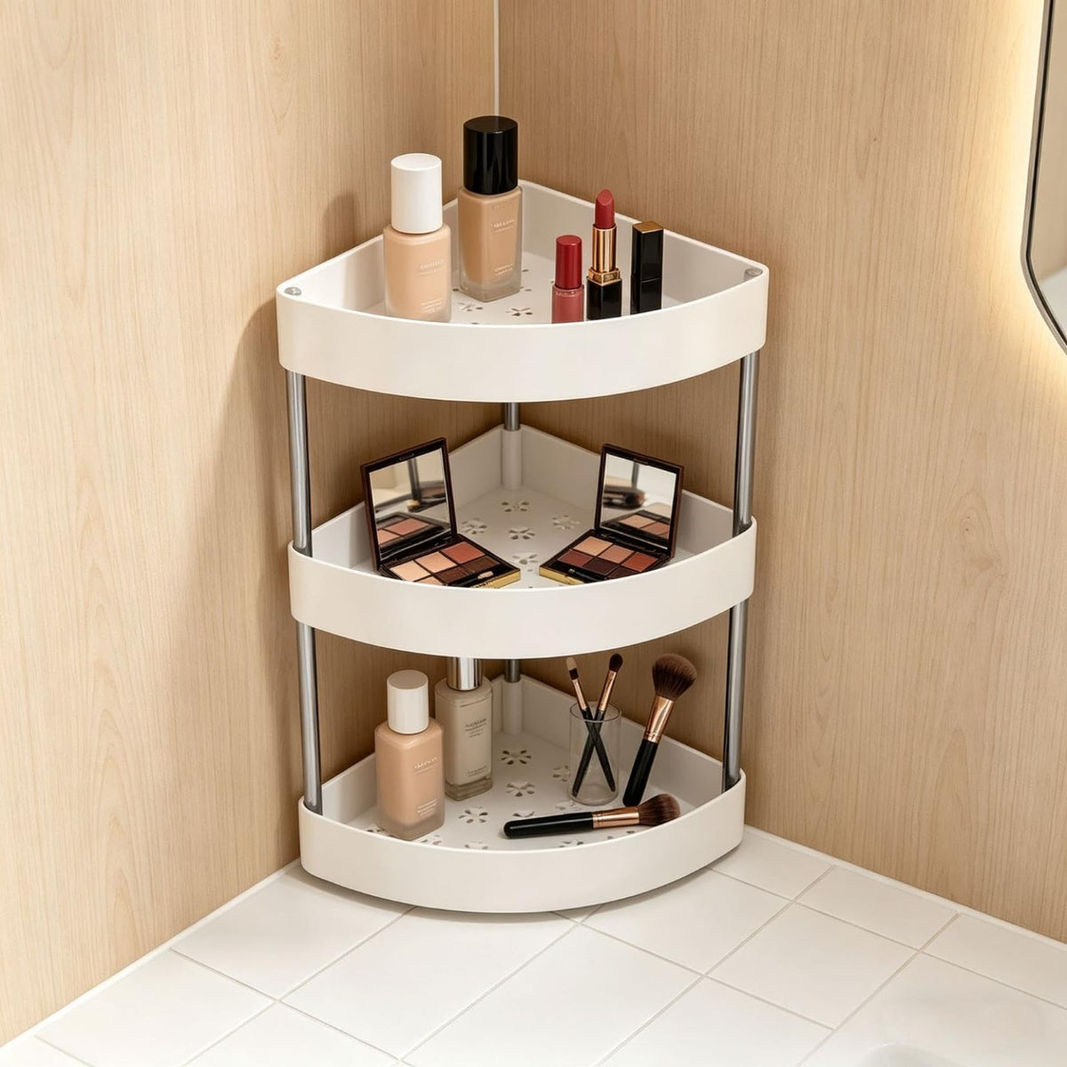 3-Tier Corner Bathroom Counter Organizer, Triangular Vanity Makeup and Skincare Shelf, Lightweight Plastic Perfume Organizer Stand, Countertop Storage Rack for Kitchen Spices (Black)