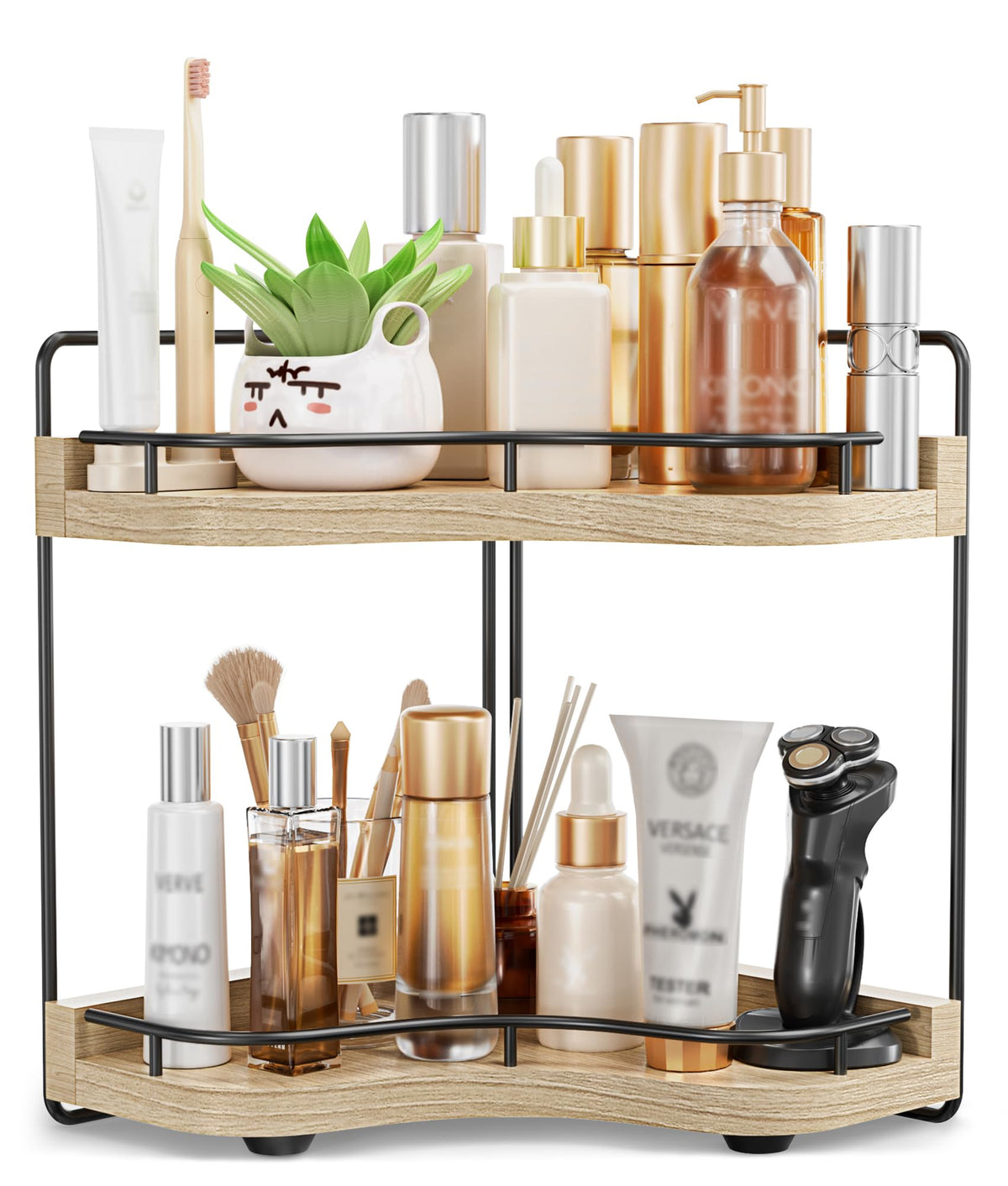 2-Tier Corner Bathroom Counter Organizer, Larger, Light Walnut