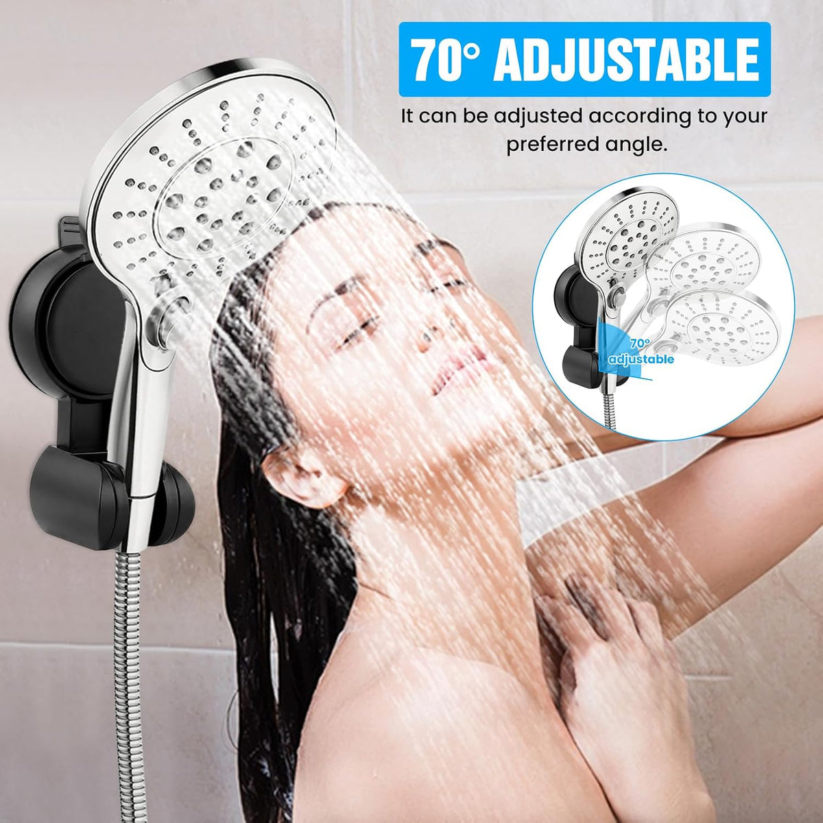 Shower Head Holder Suction, Shower Head Holder, Adjustable Bathroom Suction Cup, No Drilling Shower Head Bracket for Bathroom, Removable Wall Mounted Suction Bracket, Waterproof