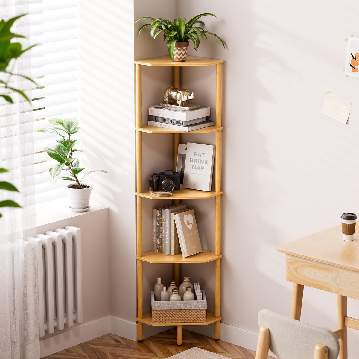 3 Tier Bamboo Corner Shelf, Storage Stand with Adjustable Feet, Small Spaces Corner Bookshelf, Plant Stand, Space-Saving Organizer Shelves, Small Corner Table for Bathroom Kitchen Living Room