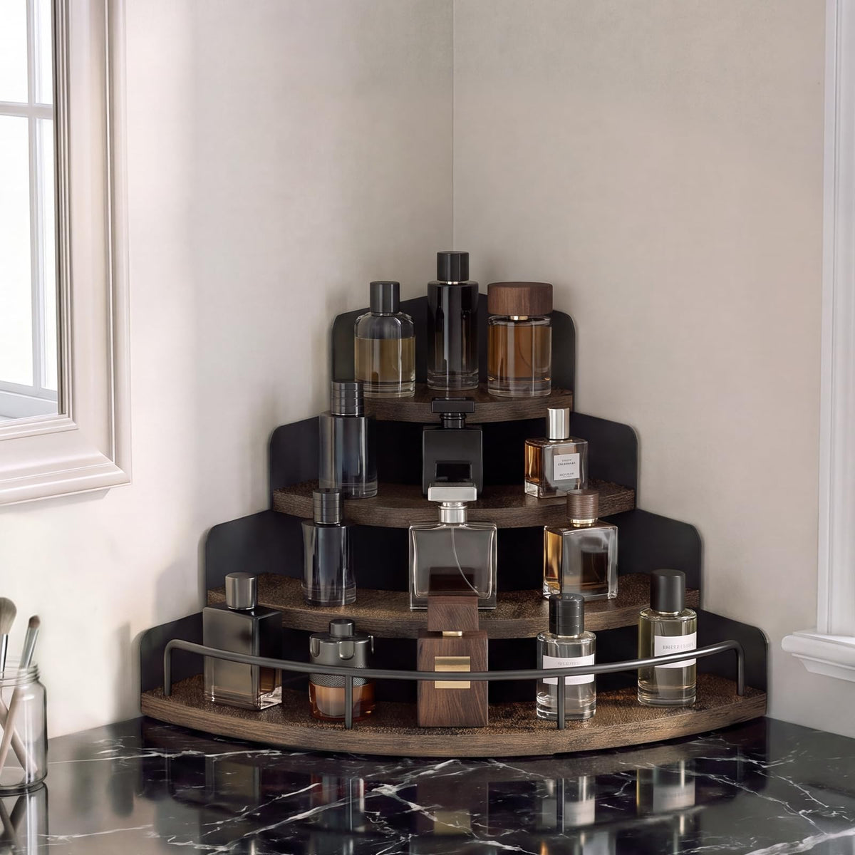 Corner Perfume Organizer with Drawer, 4 Tier Wooden Cologne Organizer for Men, Perfume Stand Display Shelf Holder for Bathroom Counter, Vanity, Dresser, Fragrance & Skincare Rack
