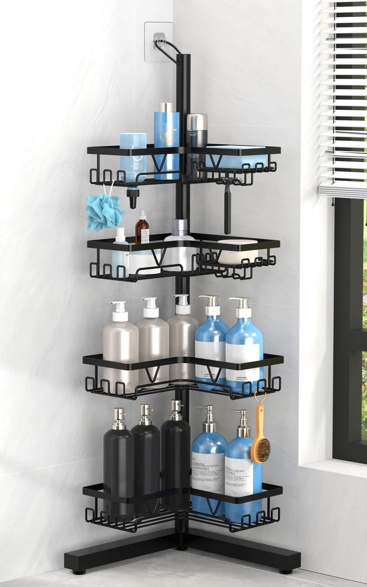KEGII Shower Caddy Tension Pole with 2 Towel Bars, Adjustable Corner Bathroom Organizer, Rustproof Bathtub Storage Shelves for Shampoo, 25–114.2 Inch Shower Corner Rack for Renters & Family, Black