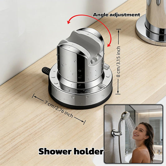 Vacuum Suction Cup Shower Head Holder, Adjustable Height No Drill Shower Arm Bracket with 360° Swivel, Handheld Shower Holder for Tile/Glass, Chrome Finish, Strong Hold for up to 11 lbs