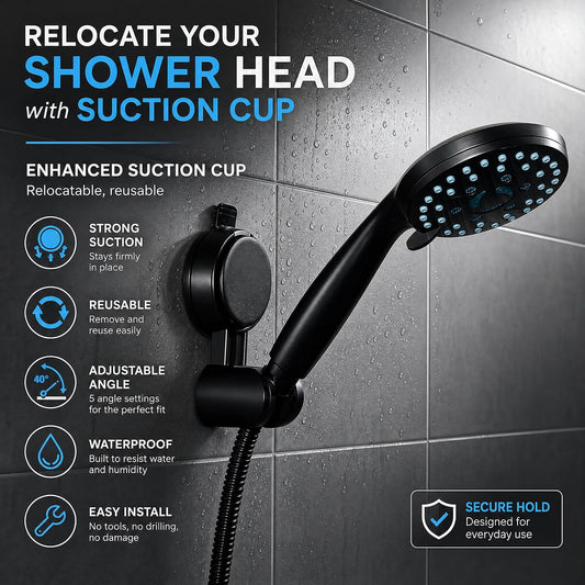 Handheld Shower Head Holder- Enhanced Suction Cup - 5 Angles Adjustable - Relocated Bathroom Wall Mount Shower Hose Holder (Matte Black)