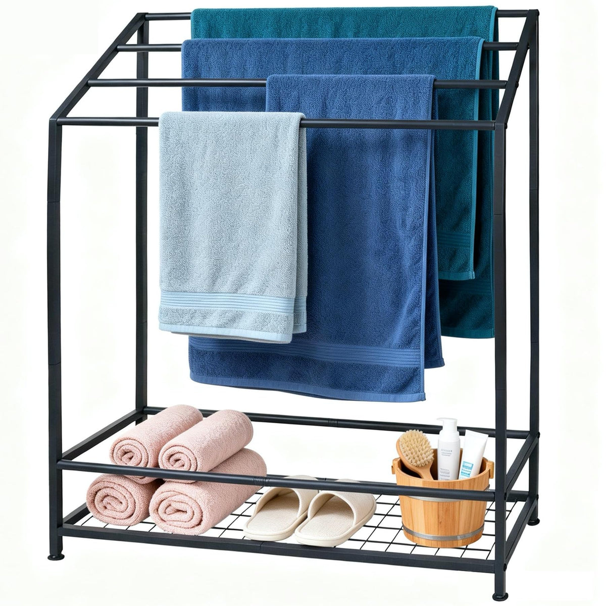 Hjarta Free Standing Towel Rack, 26 Inch Wide 3-Bar Stand with Shelf