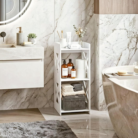 3-Tier Narrow Corner Bathroom Floor Stand, Waterproof PVC, White