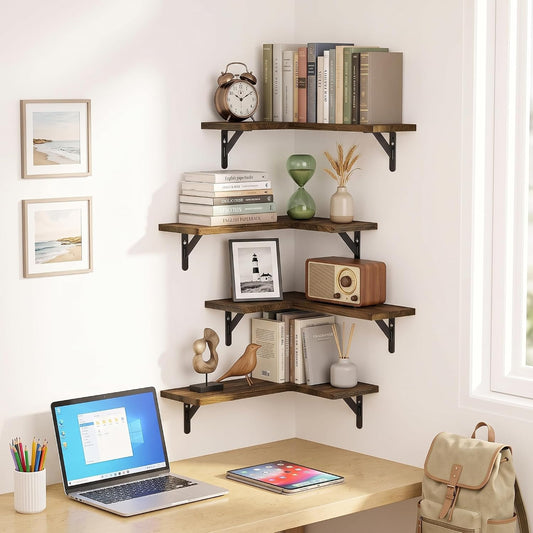 Amada Corner Floating Shelves, Paulownia Wood, Set of 4, Brown