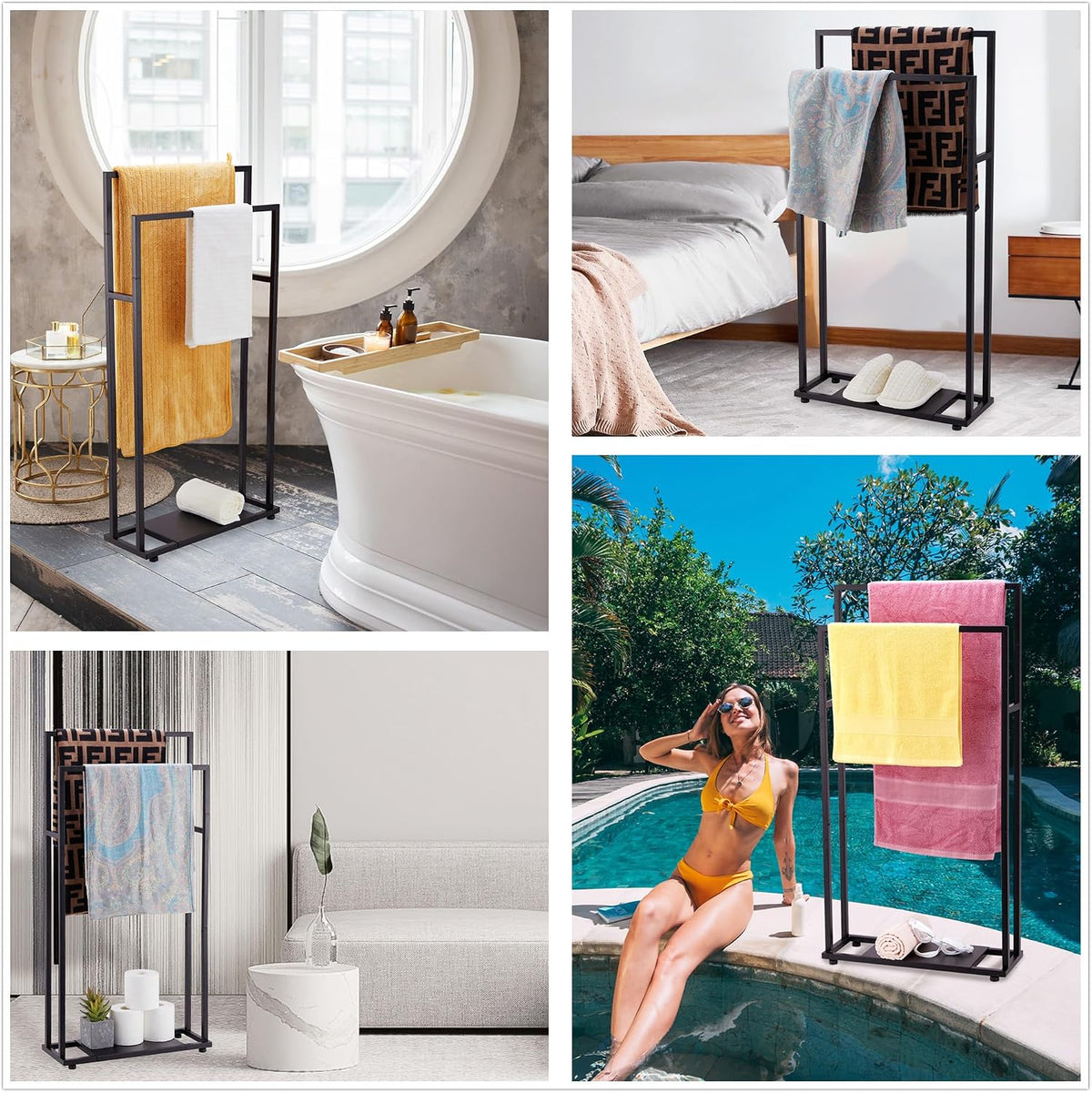 39-Inch Tall Towel Rack for Bathroom, 2-Tier Freestanding Towel Stand with Storage Shelf for Oversized Bath Towels, Poolside, Black, ALHAKIN